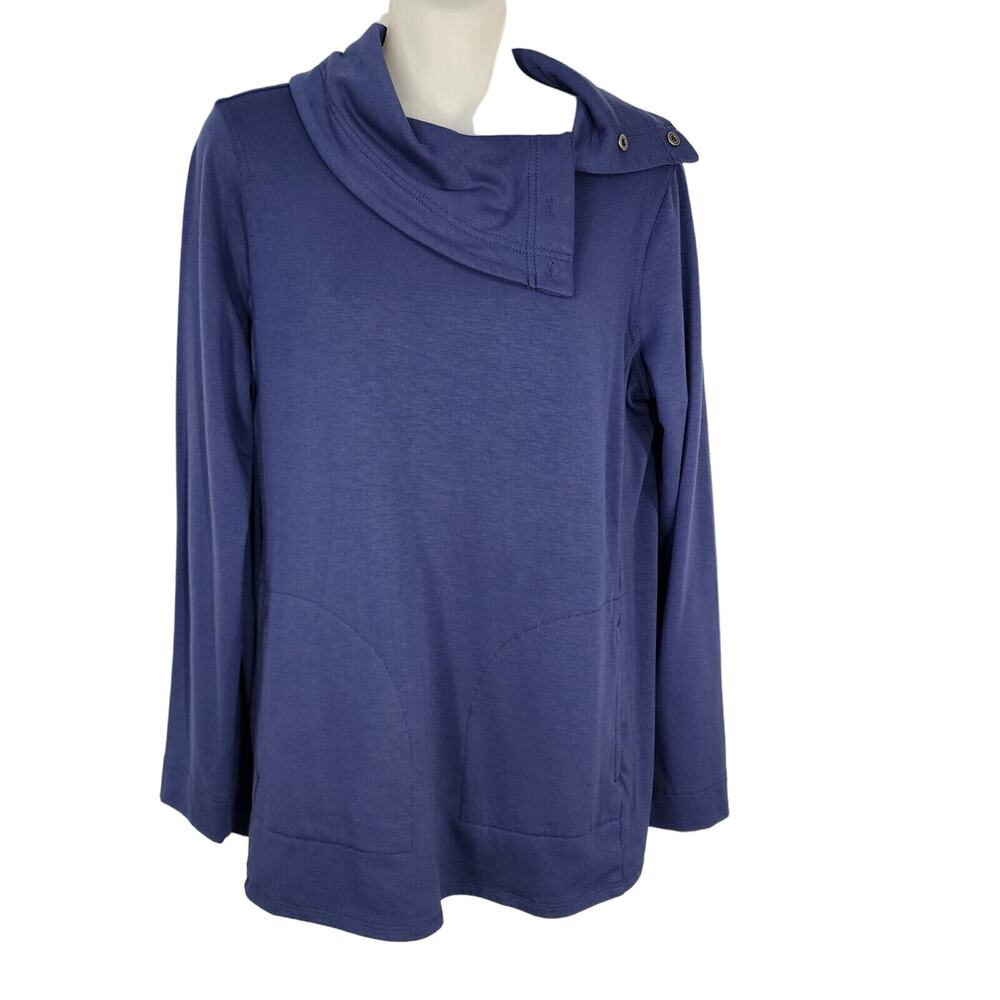 Susan Graver Weekend Top Small Plush Back Knit Funnel Neck Buttons Night Sky Blu